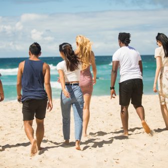 Students walking on sand at Clovelly beach