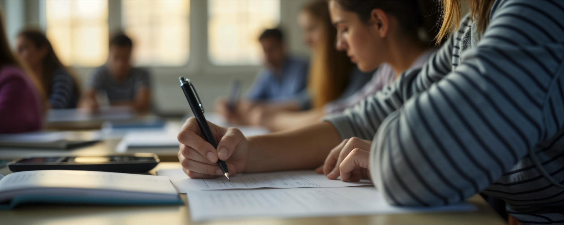 Students concentrate on educational admission test. Focused young people in classroom take test. Actively write answers with pens. Students in university class. Focused writing diligently. Exam