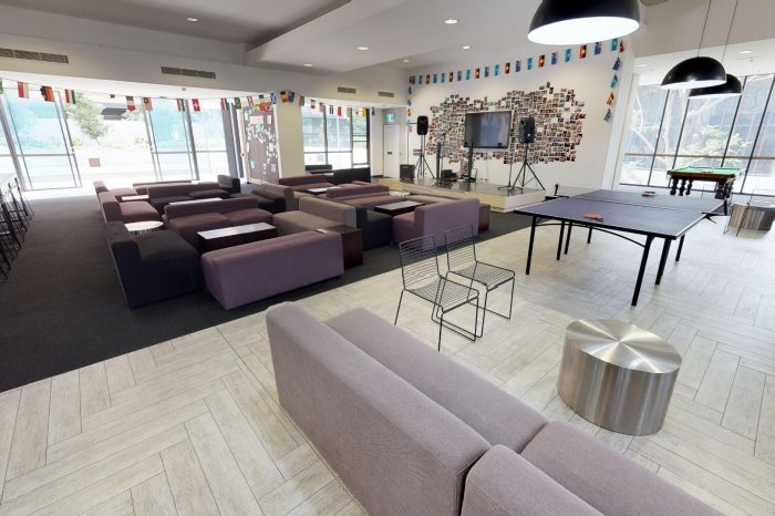 Common room, pool table, ping pong table, couches, chairs & benches