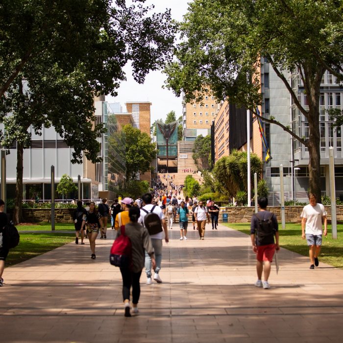 Students on Main Walkway, Scientia building in background