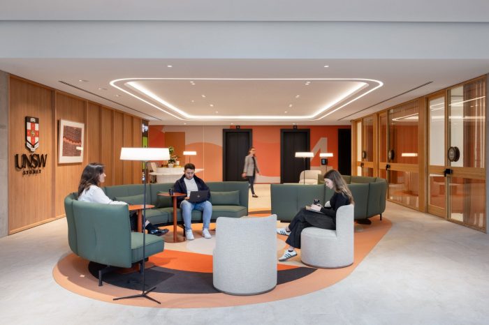 students studying on lounges in building