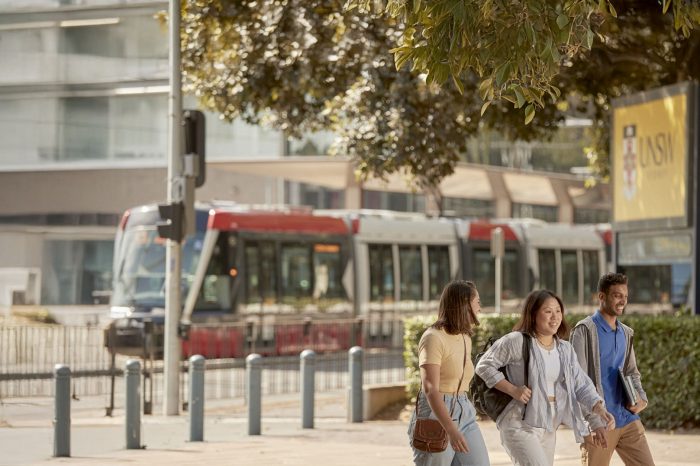 Students walking to UNSW after catching the light rail