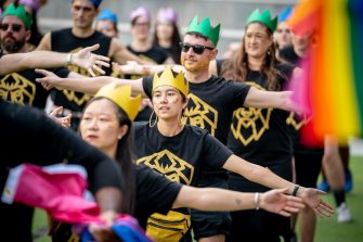 Photograph of peoplrin the mardi gras parade