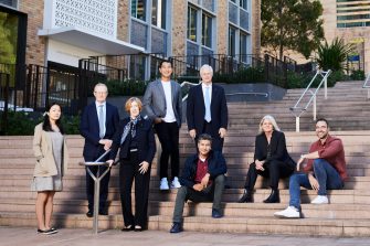 UNSW 2021 Alumni Award winners: Jessie Tu, Philip Lowe, Alison Creagh, Will On, Nicholas Talley, Khadim Ali, Cassandra Goldie and Rob Hango-Zada. Photo: Ken Leanfore.