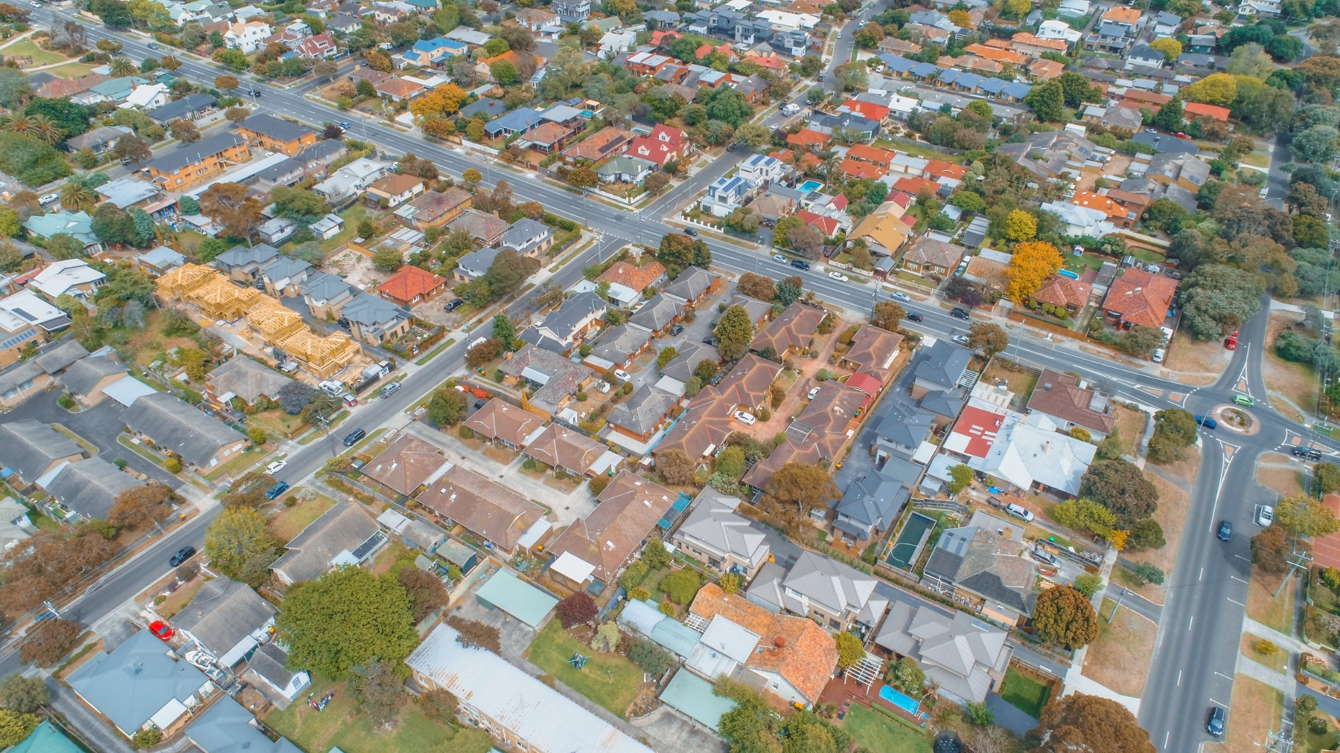 Aerial view - looking down at houses and strees in suburbia