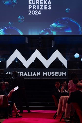 Co-hosts Rae Johnston and Adam Spencer at the 2024 Australian Museum Eureka Prizes