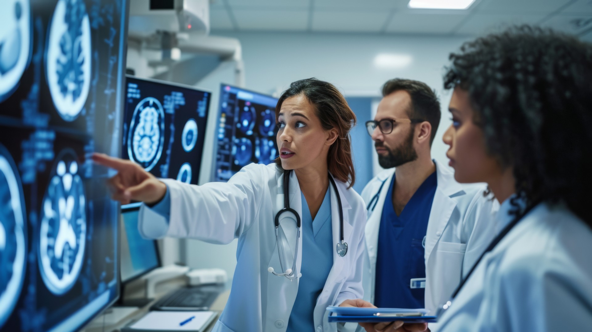 Group of medical professionals is intently examining a series of brain MRI scans displayed on a lightbox in a hospital or clinic setting.