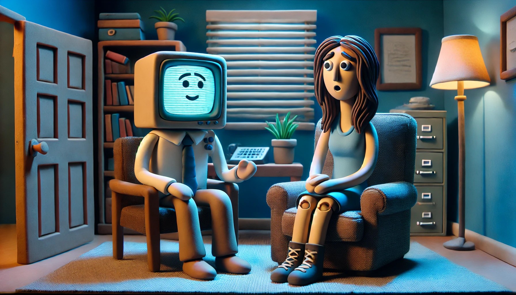 An AI therapist and a young woman in a therapy session. Created using AI