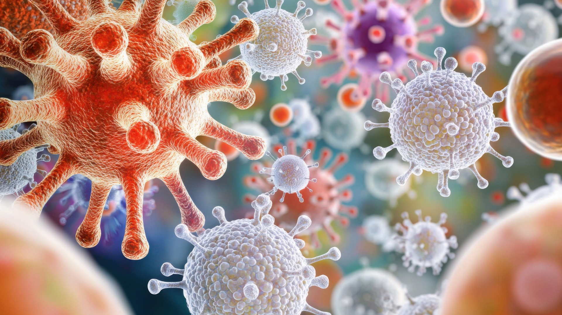 Detailed close-up of microbiology, featuring various cells indicating illness with a backdrop of medical bacteria. Bright and cheerful, high dynamic range, vibrant colors, clear details, fun and playful, elegant theme, crisp and clean,  made by AI
