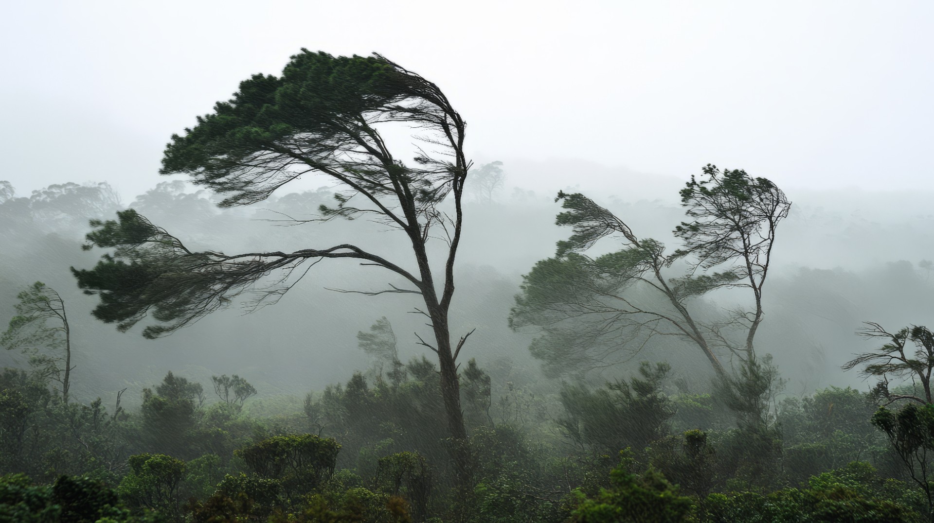 Tropical rainforest trees bent by the force of wind. Strong thunderstorm, heavy rainfall in Australian outback forest. Misty stormy scenery showcasing the power of nature, cyclone. Seasonal downpour. AI picture