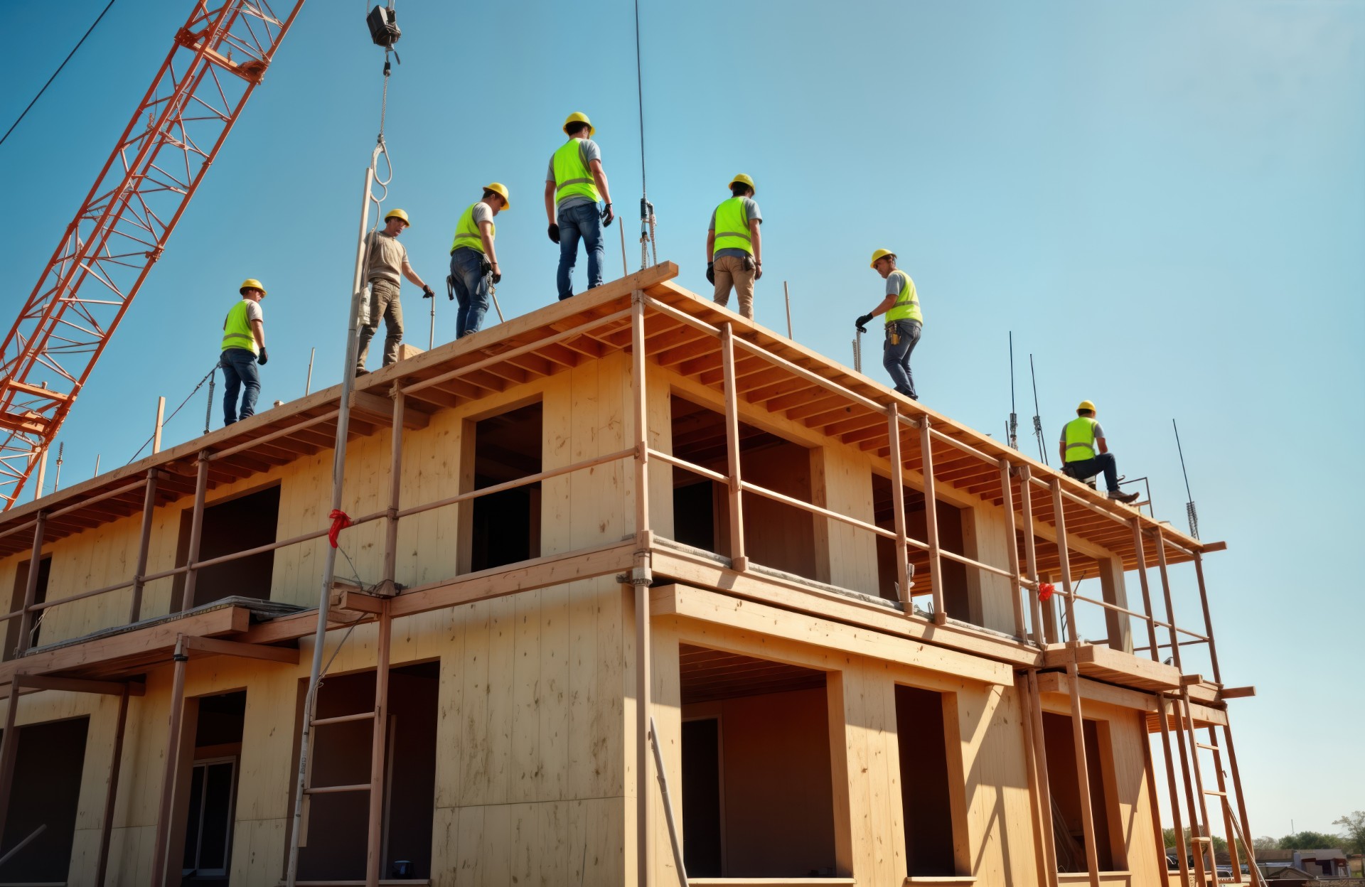 Construction workers in Arizona build multi-story apartment complex. Work high atop wooden structures using scaffolding. Crane visible. Project takes place in, East Mesa. Team of skilled professionals
