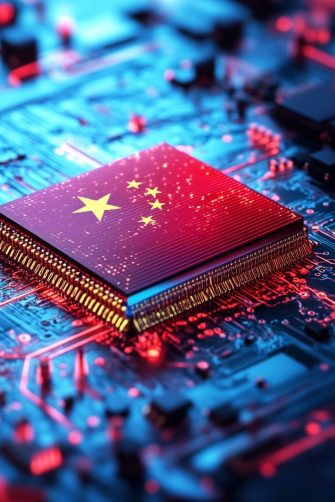 AI creative artificial Intelligence icon on flag of China and sunset sky background, Chips and Brain. Neural networks and machine learning concept. Deepseek, Chatgpt 20