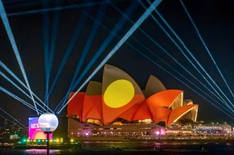 Sydney, NSW, Australia - Jan 26, 2025: Sydney Opera House illuminated during Australia Day celebrations