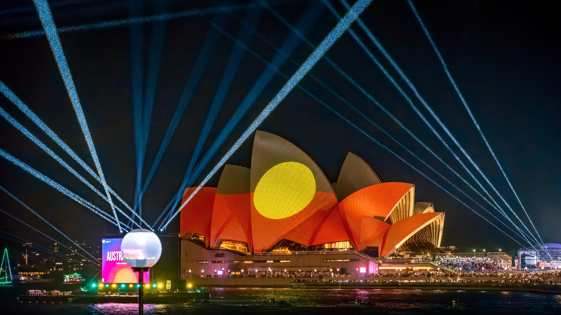Sydney, NSW, Australia - Jan 26, 2025: Sydney Opera House illuminated during Australia Day celebrations