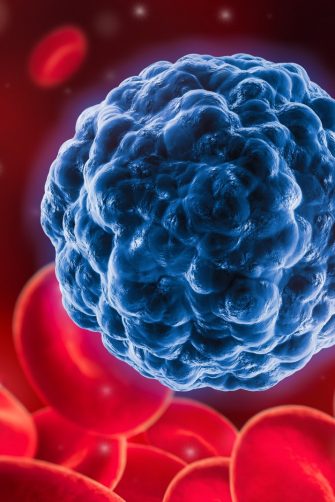 Artist's depiction of a cancer cell moving through a blood stream