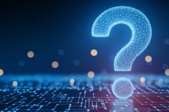 Glowing blue large question mark, digital network design, abstract concept, symbolizes inquiry, problem-solving, technology, innovation, digital future