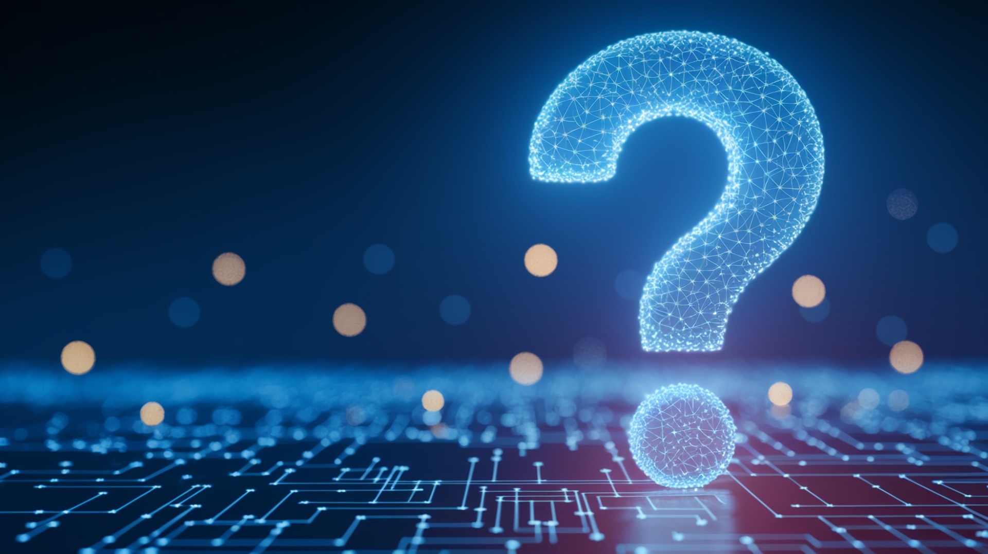 Glowing blue large question mark, digital network design, abstract concept, symbolizes inquiry, problem-solving, technology, innovation, digital future