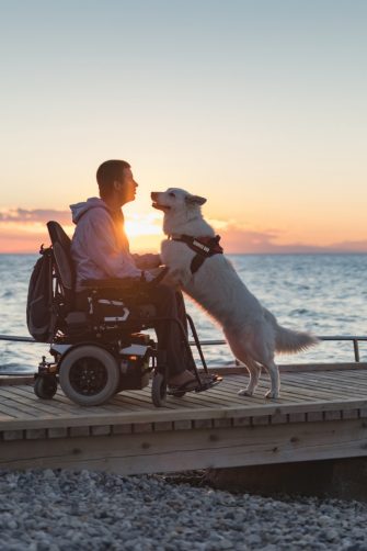 Man with disability with his service dog at sunset using electric wheelchair.