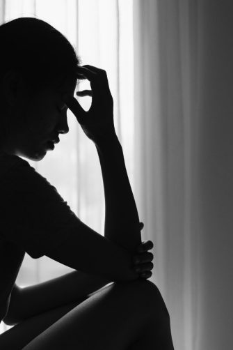 Young  women sitting in dark room feeling pain with life problem.  suffering from husband violence, Stop violence against and sexual abuse women, domestic violence, anti human trafficking.