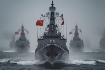 Warships with Chinese flag at sea. Military concept.