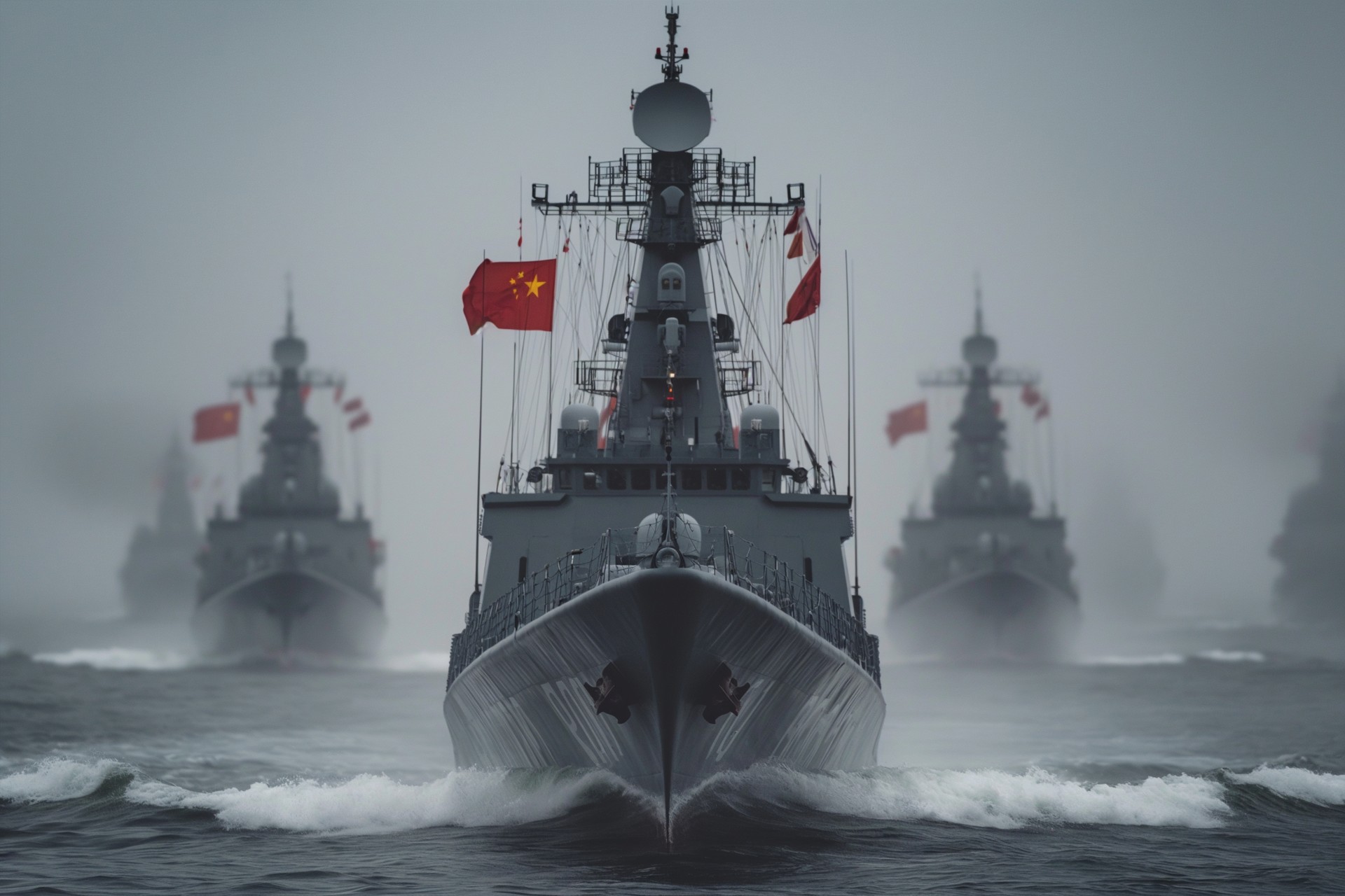 Warships with Chinese flag at sea. Military concept.
