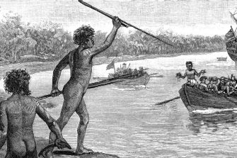 Gweagal men defending their country from invasion. Andrew Garran, Public domain, via Wikimedia Commons