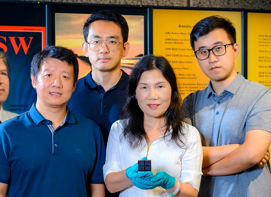 UNSW research team with the record-breaking kesterite solar cell. Pictured are Dr Jialiang Huang, Dr Kaiwen Sun, Scientia Professor Xiaojing Hao and Mr Ao Wang.