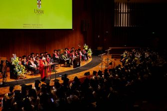 Dean of UNSW Business School Professor Frederik Anseel with Secretary Janet Yellen and UNSW Chancellor Mr David Gonski AC at graduation ceremony