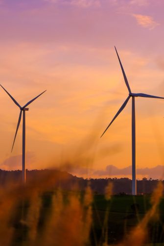 Wind turbines produce electricity and sunlight during sunset.