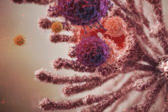 Illustration of cancer molecules being released into the blood by a tumour