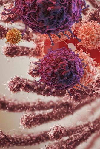 Illustration of cancer molecules being released into the blood by a tumour