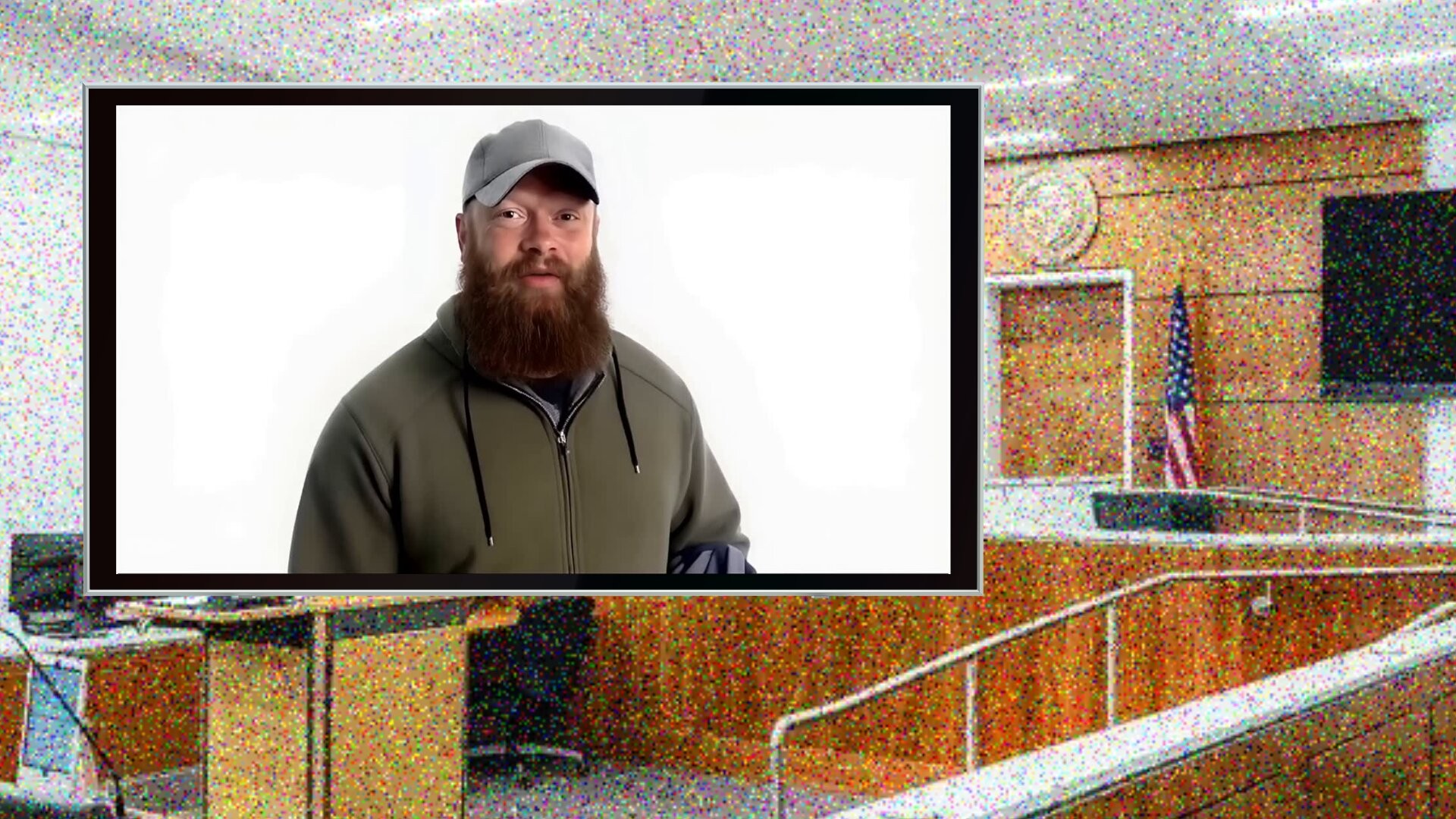 A composite image of a man over courtroom background 