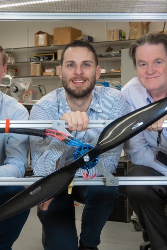 Mr Peter McNair, Dr Matthew Priestley, Dr Thomas McNeill from UNSW’s Technology Translation Squad in the Drone Motor Drive Lab