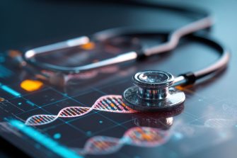 A close-up shot of a stethoscope resting on a screen displaying DNA strands, highlighting the intersection of medicine and technology.