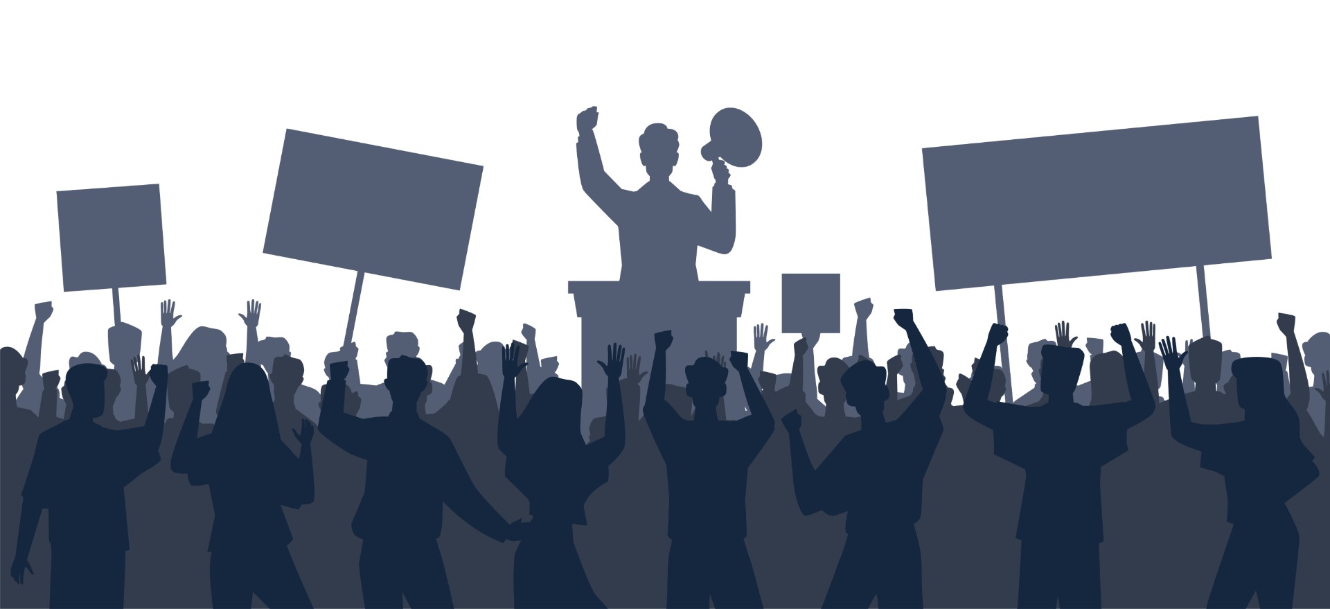 Illustration: Silhouettes people at political rally. 