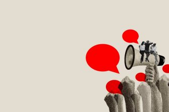 Young people sitting on megaphone with many hands and speech bubble. Opinion of society. Contemporary art collage. Concept of voting day, democracy, politics, choice, freedom, opinion. Noise effect