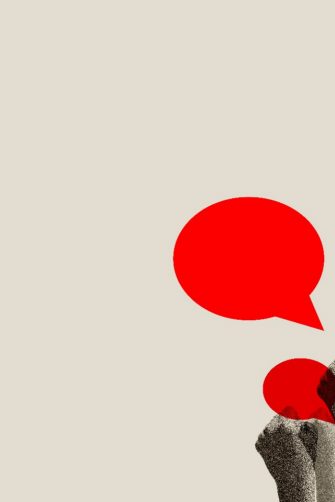 Young people sitting on megaphone with many hands and speech bubble. Opinion of society. Contemporary art collage. Concept of voting day, democracy, politics, choice, freedom, opinion. Noise effect