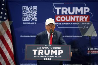 INDIANOLA, IOWA - JANUARY 14: Former President Donald Trump speaks to supporters during a rally at Simpson College on January 14, 2024 in Indianola, Iowa. Tomorrow Iowa Republicans will be the first to select their party's nomination for the 2024 presidential race when they go to caucus. (Photo by Scott Olson/Getty Images)