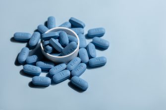 Close up of different pills for the hiv infection treatment. PrEP Pills for Pre-Exposure Prophylaxis to help protect people from HIV. 