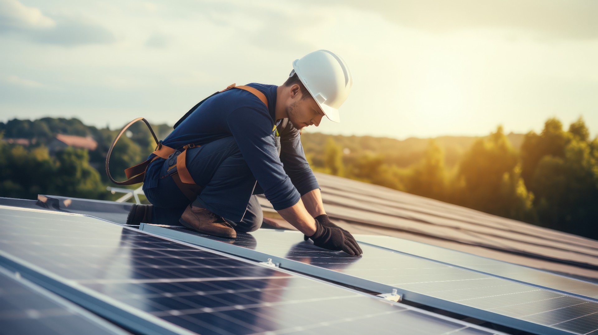 Construction industry, aerial view. An electrician in a helmet is installing a solar panel system outdoors. Engineer builds solar panel station on house roof