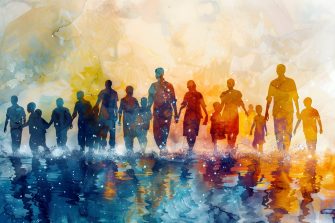 This captivating watercolor painting depicts the plight of climate refugees as they strain to integrate into host communities The vibrant,cinematic scene showcases a diverse group of displaced