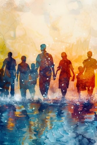 This captivating watercolor painting depicts the plight of climate refugees as they strain to integrate into host communities The vibrant,cinematic scene showcases a diverse group of displaced
