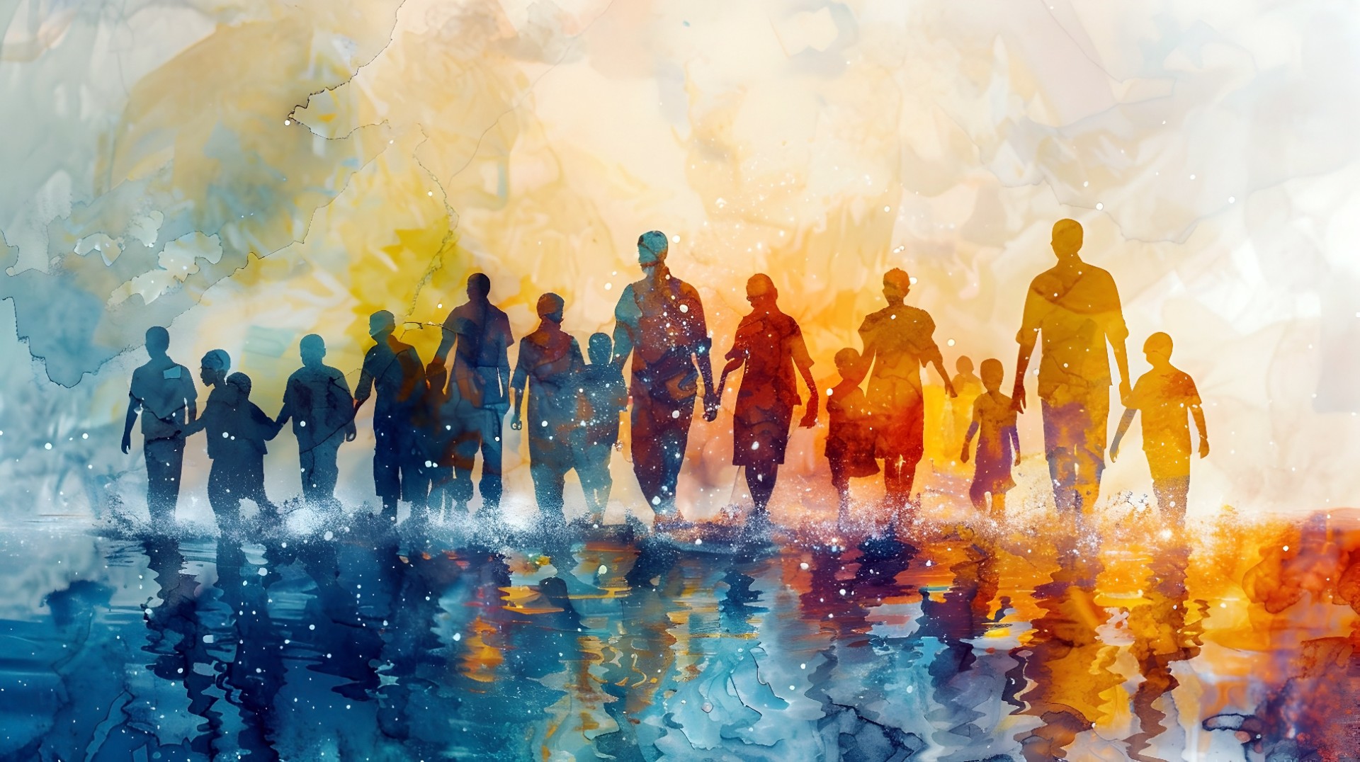 This captivating watercolor painting depicts the plight of climate refugees as they strain to integrate into host communities The vibrant,cinematic scene showcases a diverse group of displaced