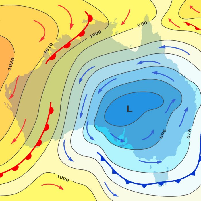 Weather forecast map of Australia. Movement of cold front to continent. Winter in Australia. Template of synoptic map showing of isobars, pressure, temperature change, direction wind, weather fronts