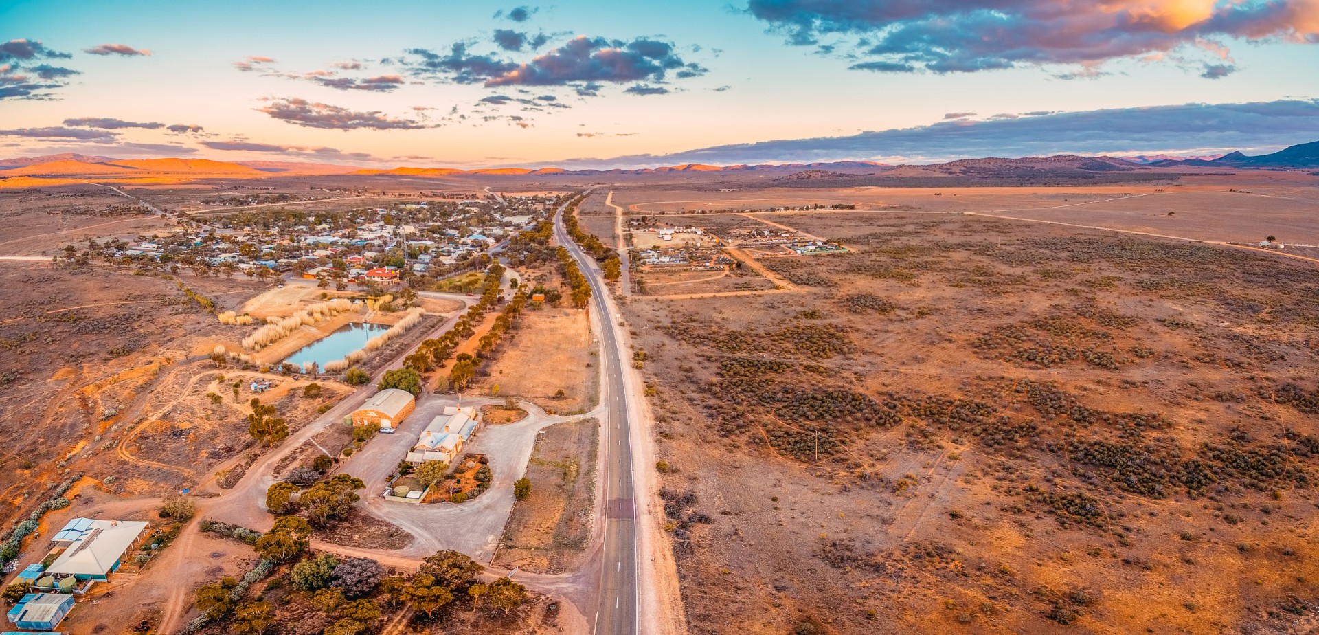 Aerial panorama of Hawker at sunset - small town in South Australia near Flinders Ranges