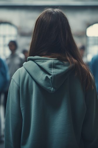 Young person sitting alone next to computer laptop in his room, covering his ears with hands.