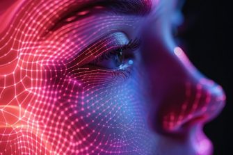 Close-up of a woman's face with futuristic digital light patterns symbolizing technology, artificial intelligence, and virtual reality.