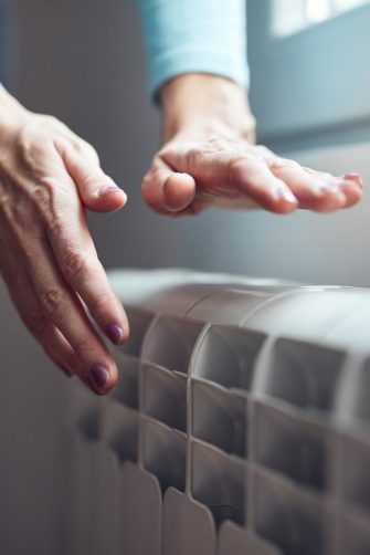 Cold Home. Young Woman Covered With Blanket Freezing On Couch In Living Room, Millennial Female Wearing Knitted Scarf And Hat Indoors Warming Hands With Her Breath, Suffering Heating Problems