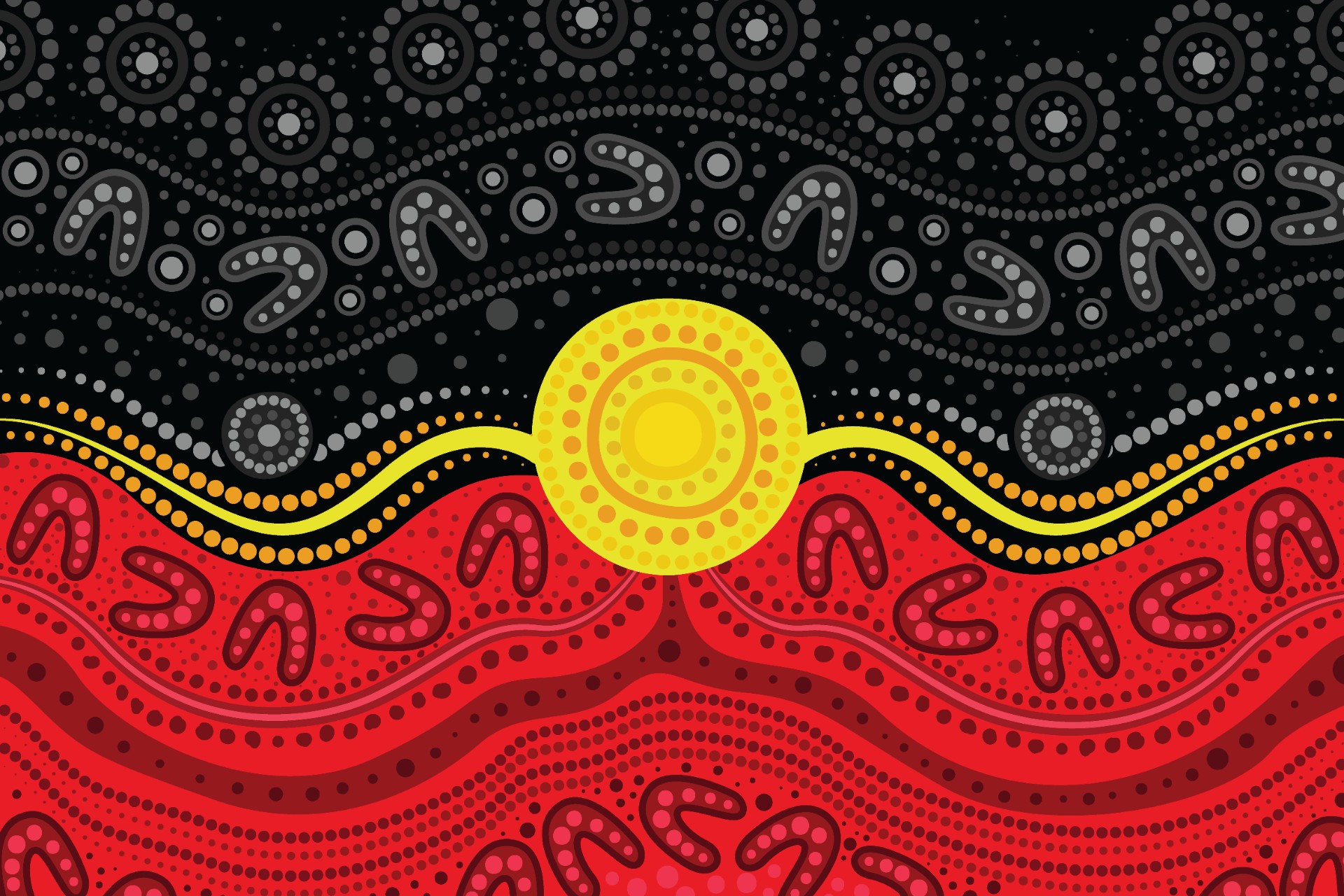 Aboriginal flag colors in a dot painting of aboriginal tradition