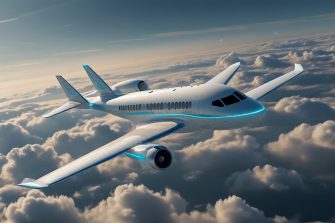 A futuristic hydrogen powered airplane or aeroplane flying over and above the clouds, representing the next generation of sustainable air travelling, neon